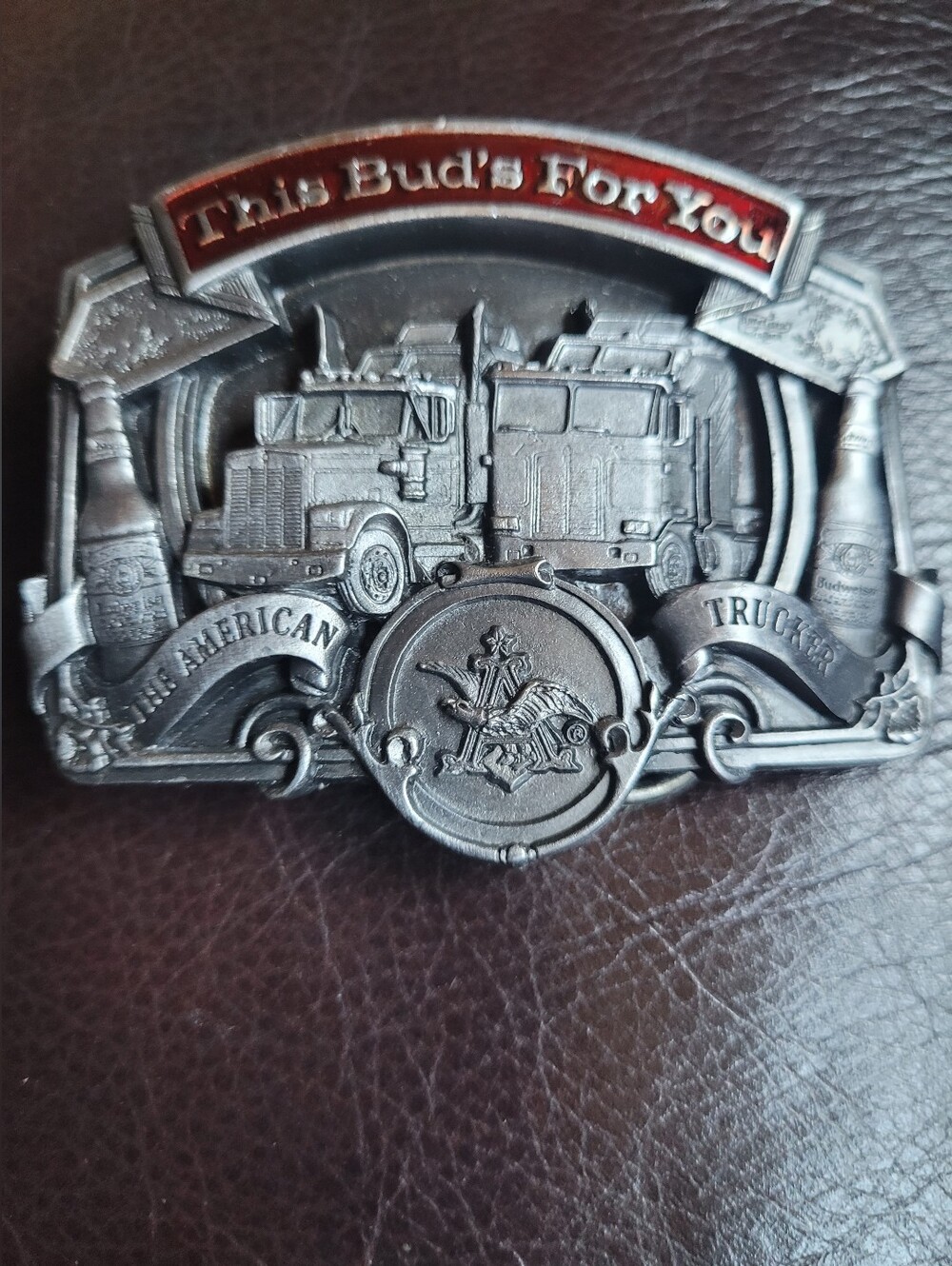 Vtg. Budweiser American Truckers Silver-Tone Belt Buckle with Red Banner